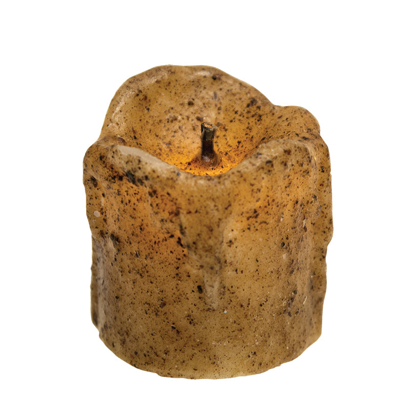 Mini burnt ivory drip timer votive on white background