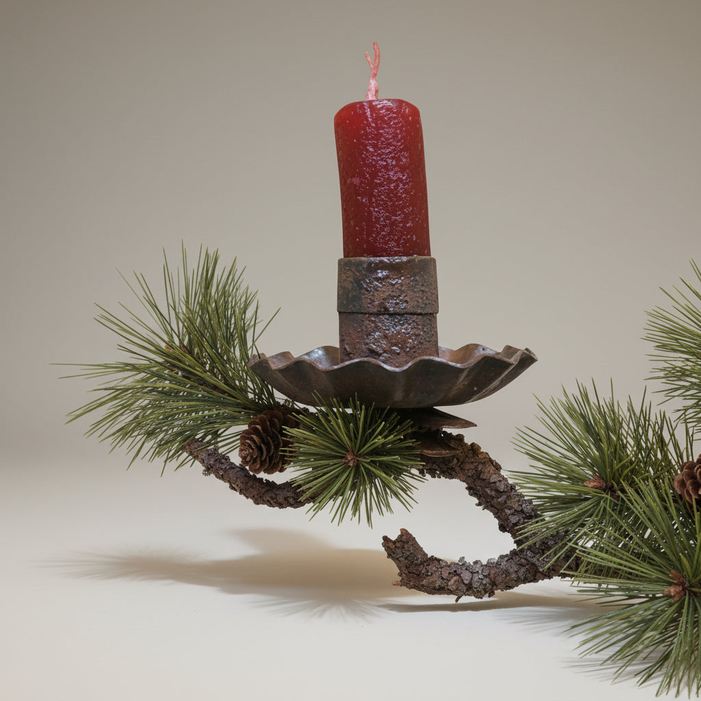 A rusty metal fluted candle holder with an attached metal clip, designed to be attached to tree, wreath or garland branches.