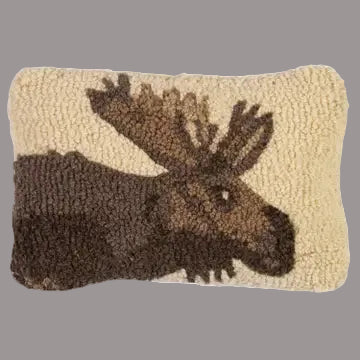 Hooked rug with a moose design on a white background