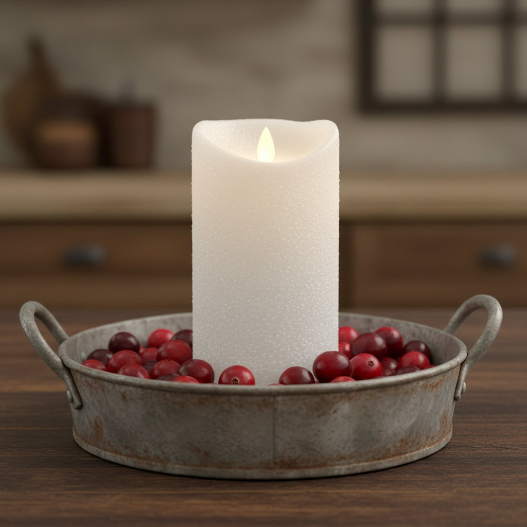 White candle in a metal tray with red berries on a wooden surface
