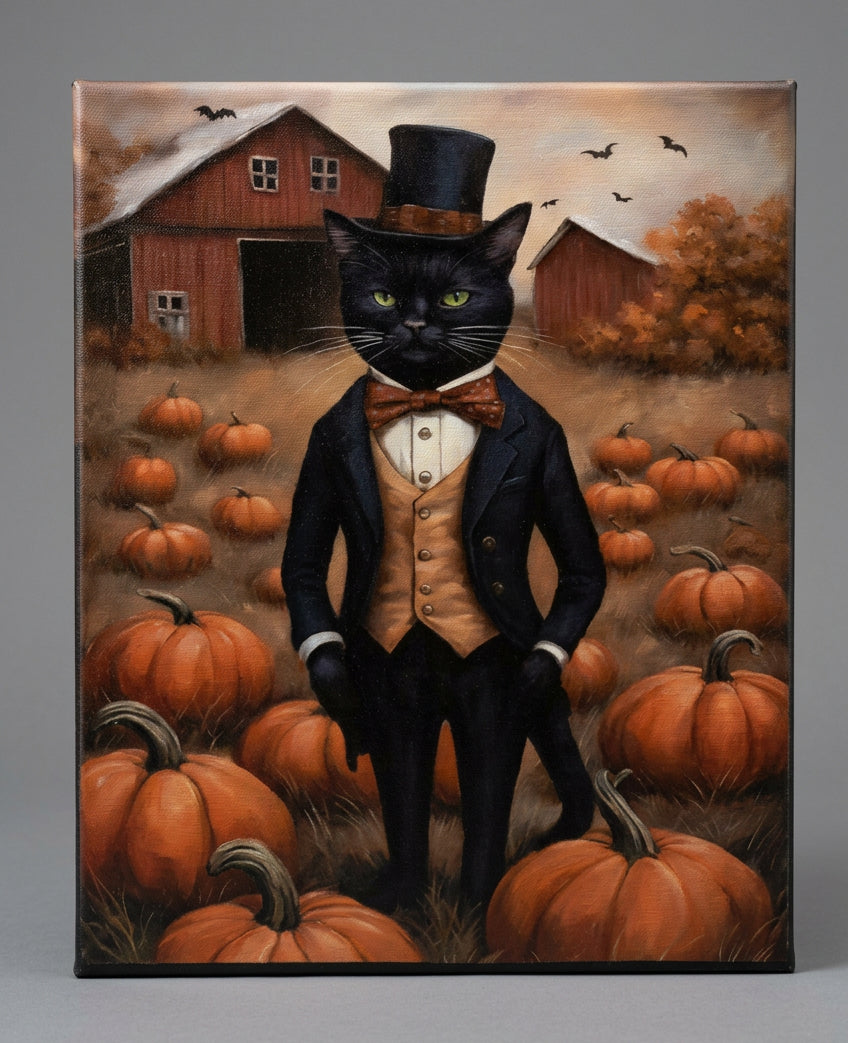 Painting of a black cat in a suit among pumpkins with 'Mr Jax' text.