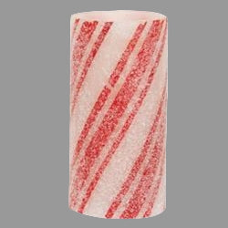 A battery-operated pillar candle with a warm glow, featuring a striped, red and white candy cane design, coated in glitter and icy frost.