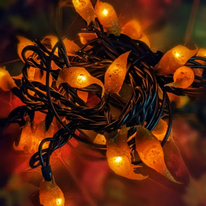 A strand of silicone string lights with a mustard seed-shaped bulb, attached to a brown cord.