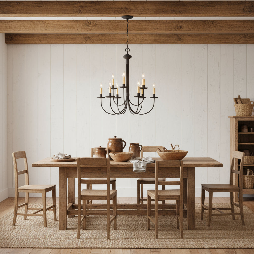 A textured black chandelier with nine candle-style light fixtures, hanging from a ceiling plate over dining room table.