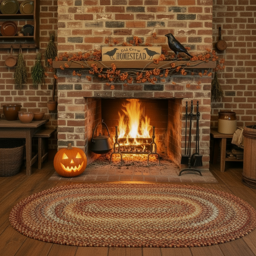 Cozy fireplace with Halloween decorations, including a jack-o'-lantern and pumpkins, in a rustic room.