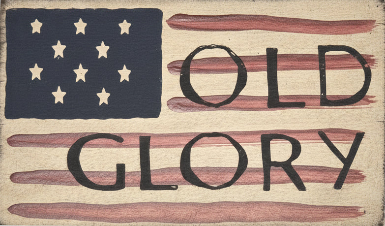 Wooden sign with American flag design and 'Old Glory' text on a white background