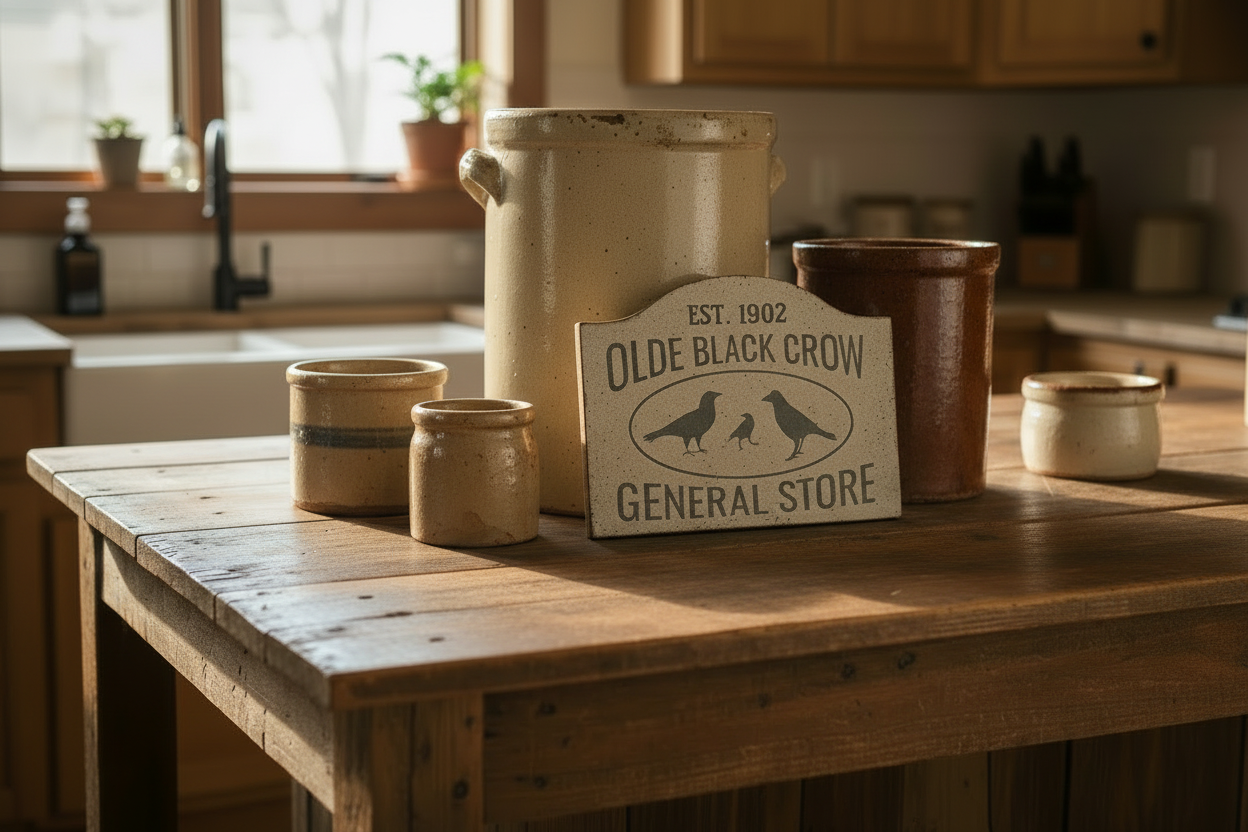 Olde Black Crow General Store sign on a wooden table in a rustic kitchen setting