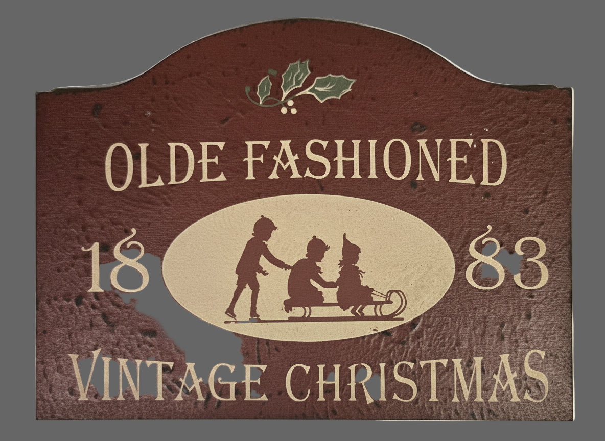 Decorative sign with 'Olde Fashioned 1883 Vintage Christmas' text on a textured white background