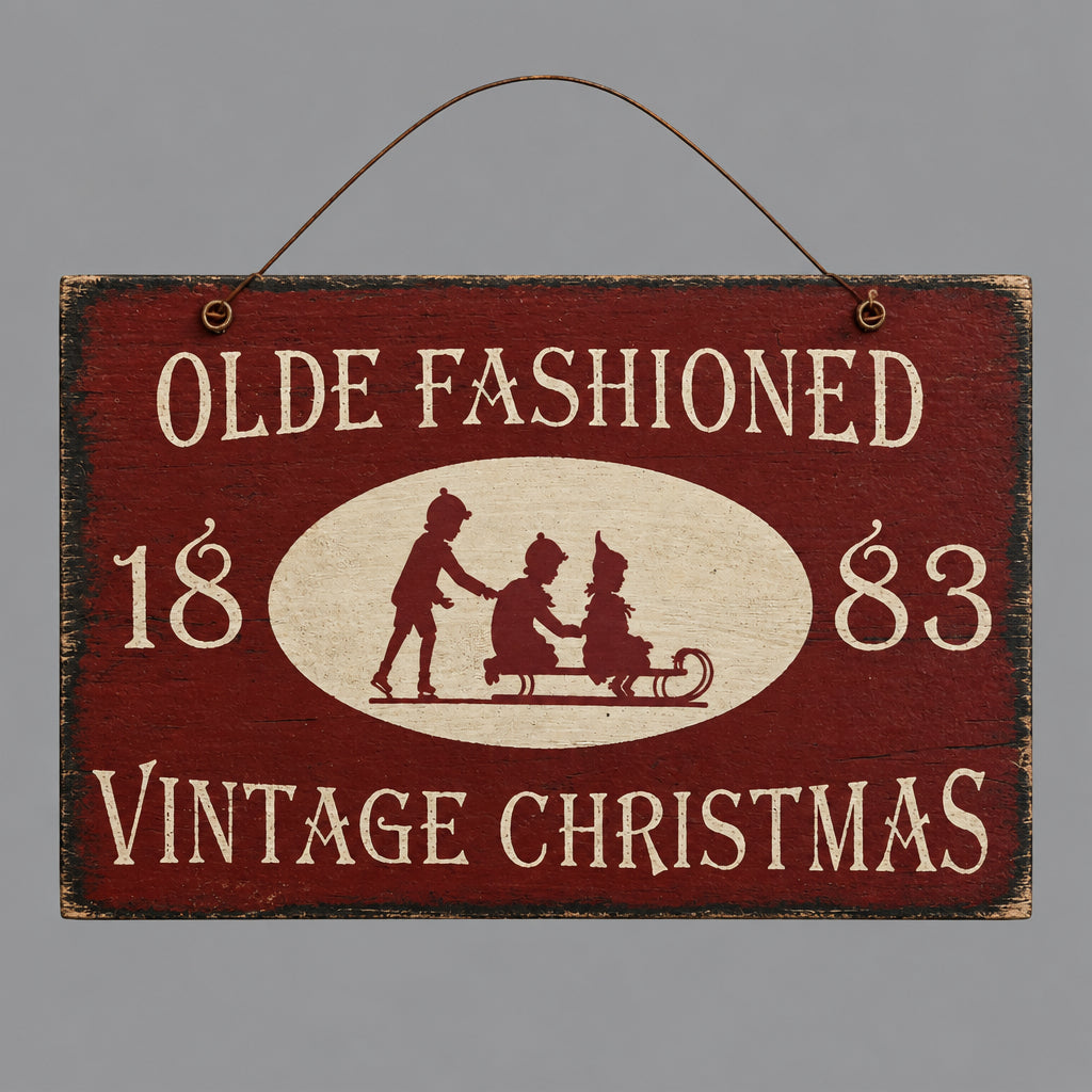 A rustic rectangular wooden hanging sign with a dark red painted background and cream lettering that reads “OLDE FASHIONED 1883 VINTAGE CHRISTMAS,” plus a cream oval with silhouetted figures in a sleigh. The sign hangs against a grey background.