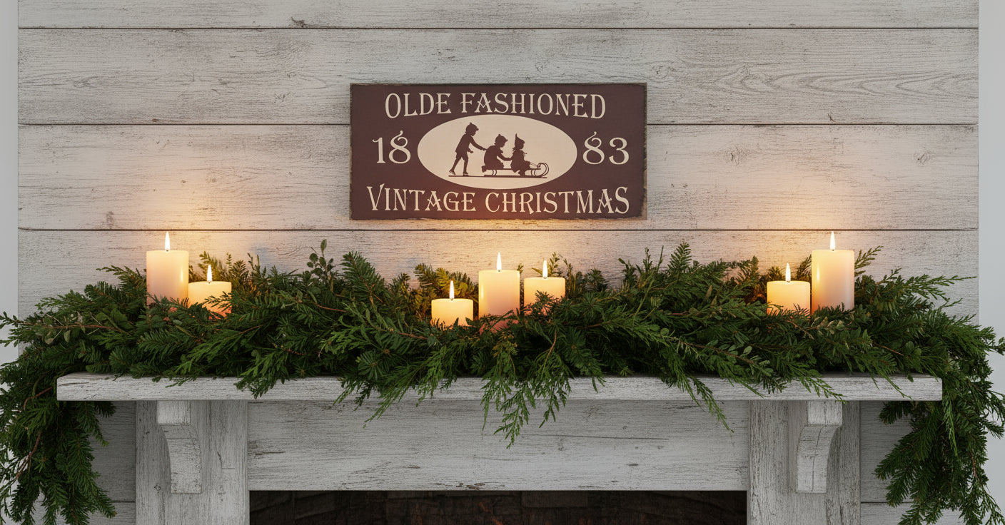 Vintage-style Christmas sign with silhouettes of children and text on a wooden background