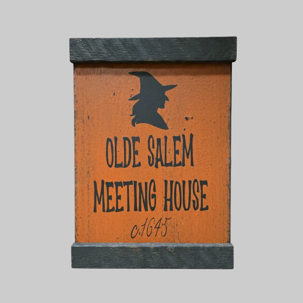 Wooden sign with 'Olde Salem Meeting House' text and witch silhouette on an orange background.