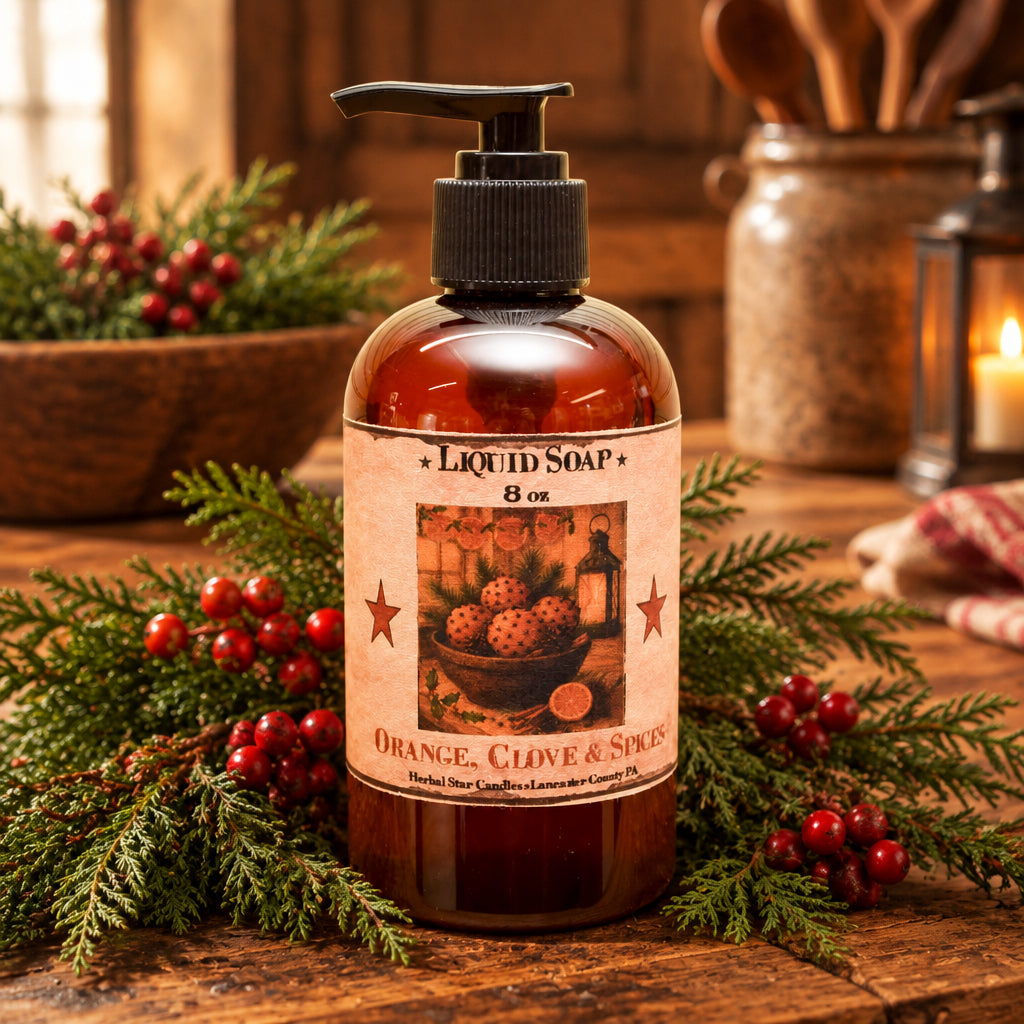 Bottle of liquid soap with a label on a dark background with blurred lights