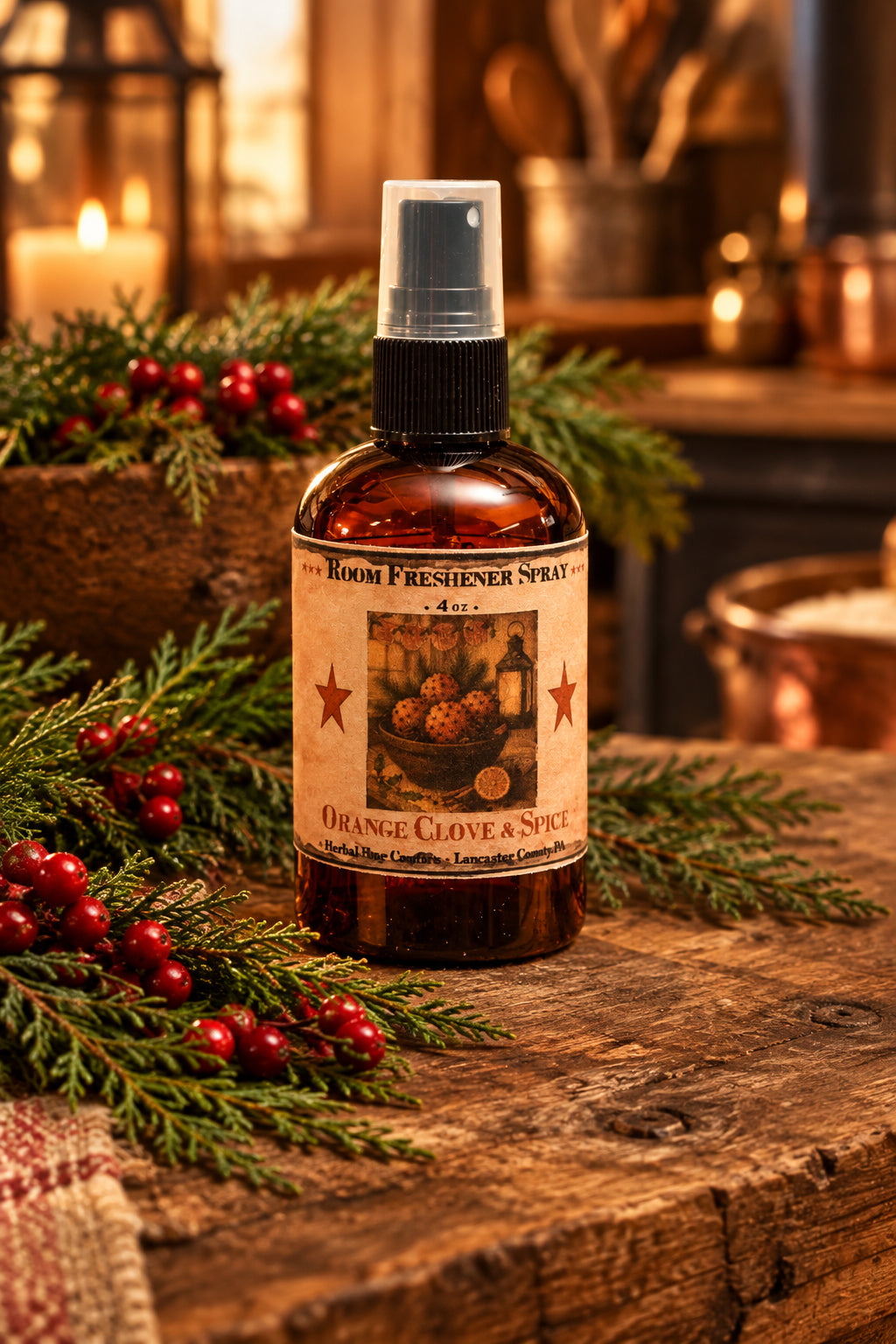 Room freshener spray bottle with label on a wooden surface with blurred lights in the background