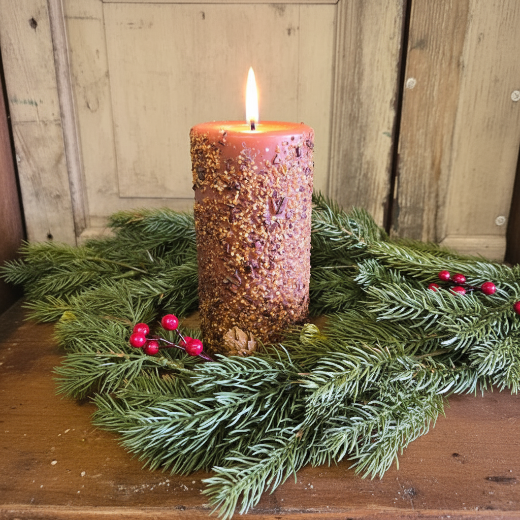 Decorative candle with glittery texture on a bed of greenery and berries against a wooden background