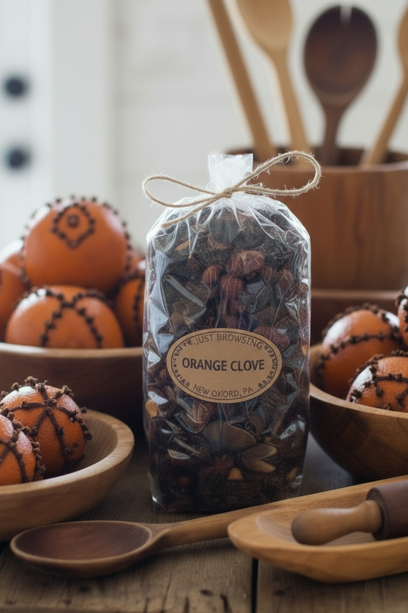 Orange clove potpourri surrounded by oranges and cloves