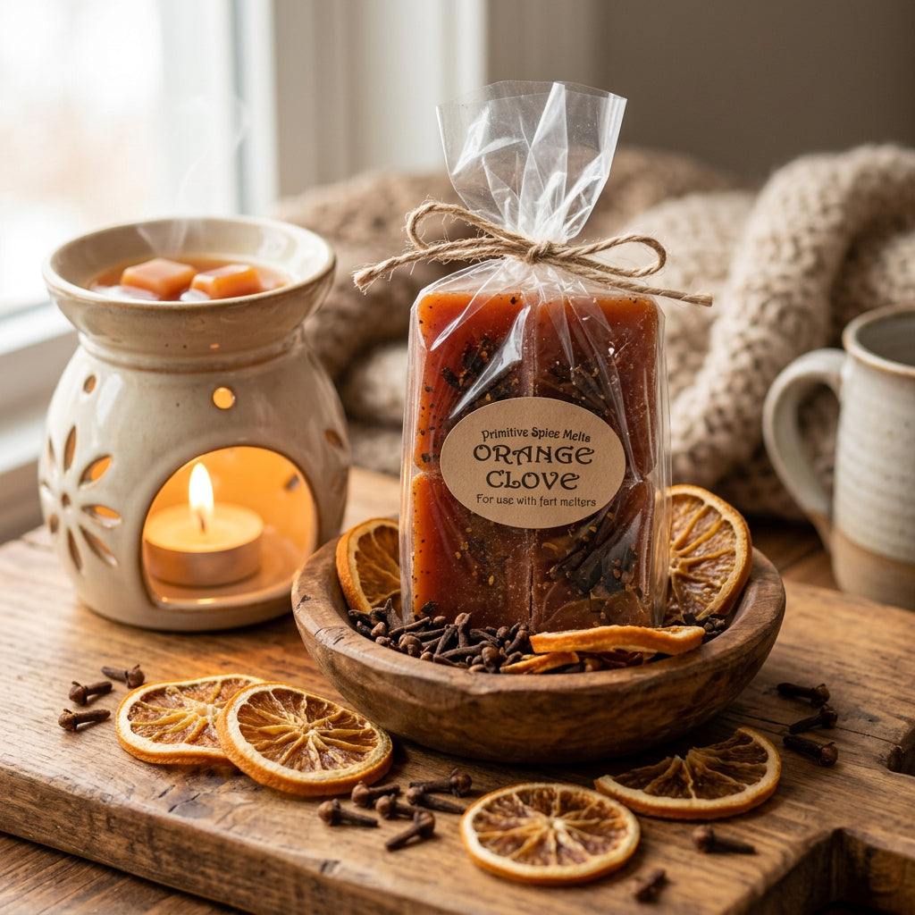 Packaged product labeled 'Orange Clove' on a gray background