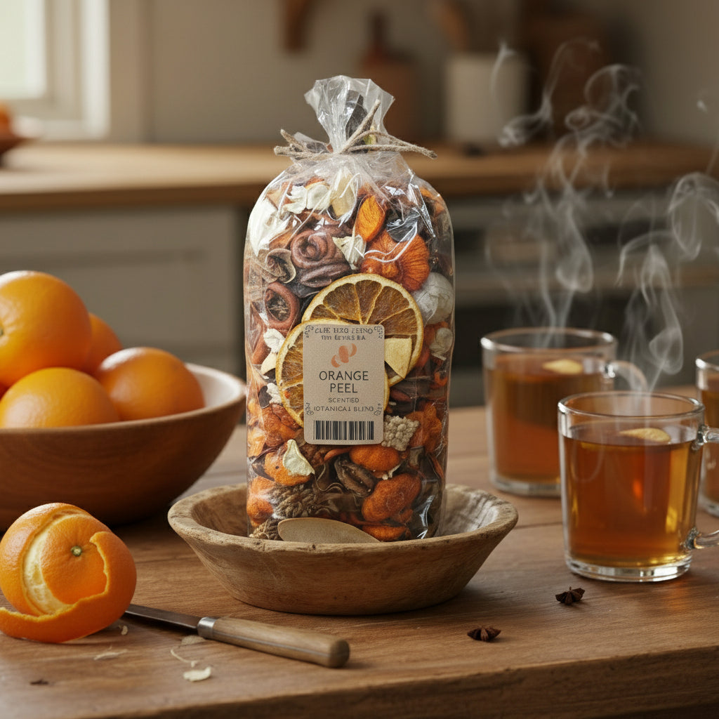 Bag of orange peel tea with a bowl of oranges and steaming cups of tea on a wooden table.