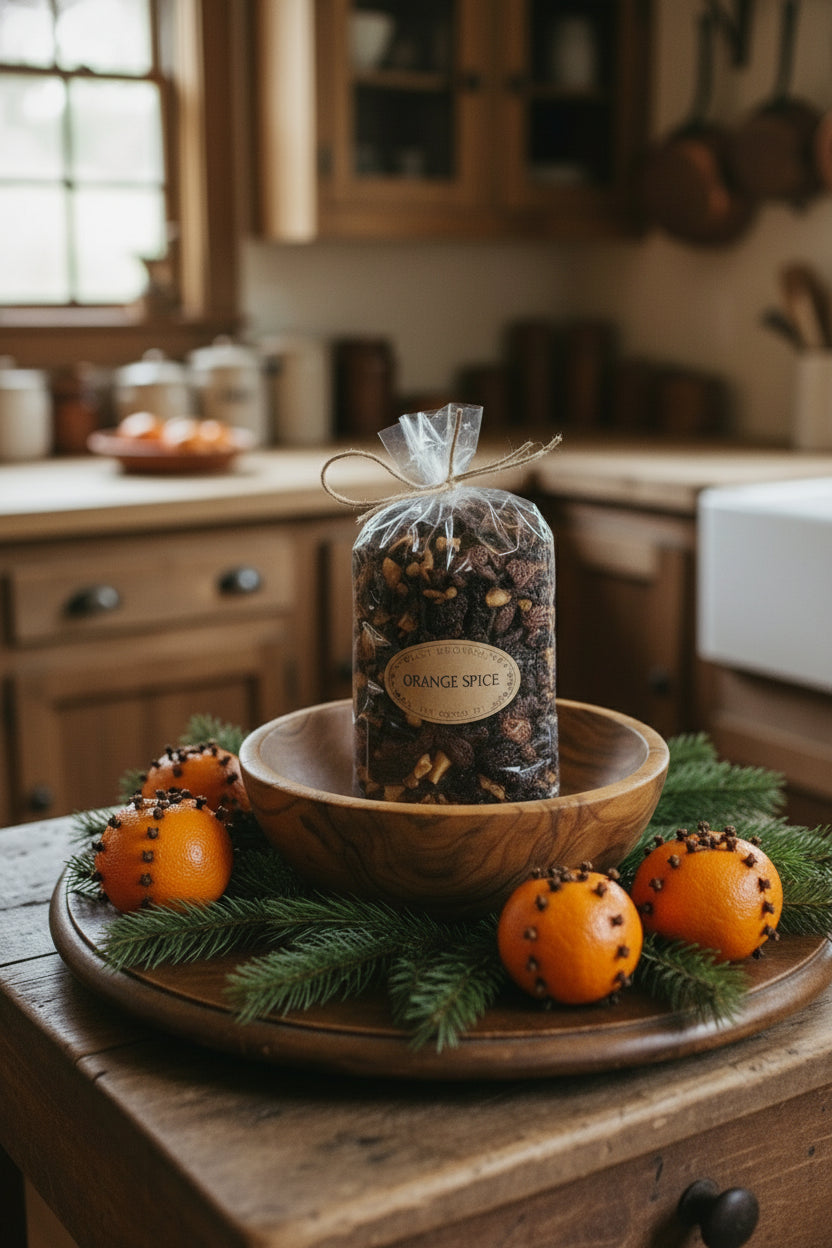 Spice bag on a wooden bowl with decorative pumpkins and greenery in a kitchen setting