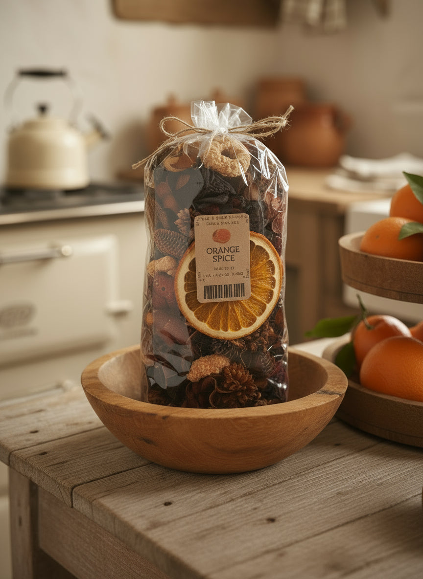 Bag of 'Orange Spice' potpourri in a wooden bowl on a kitchen counter.