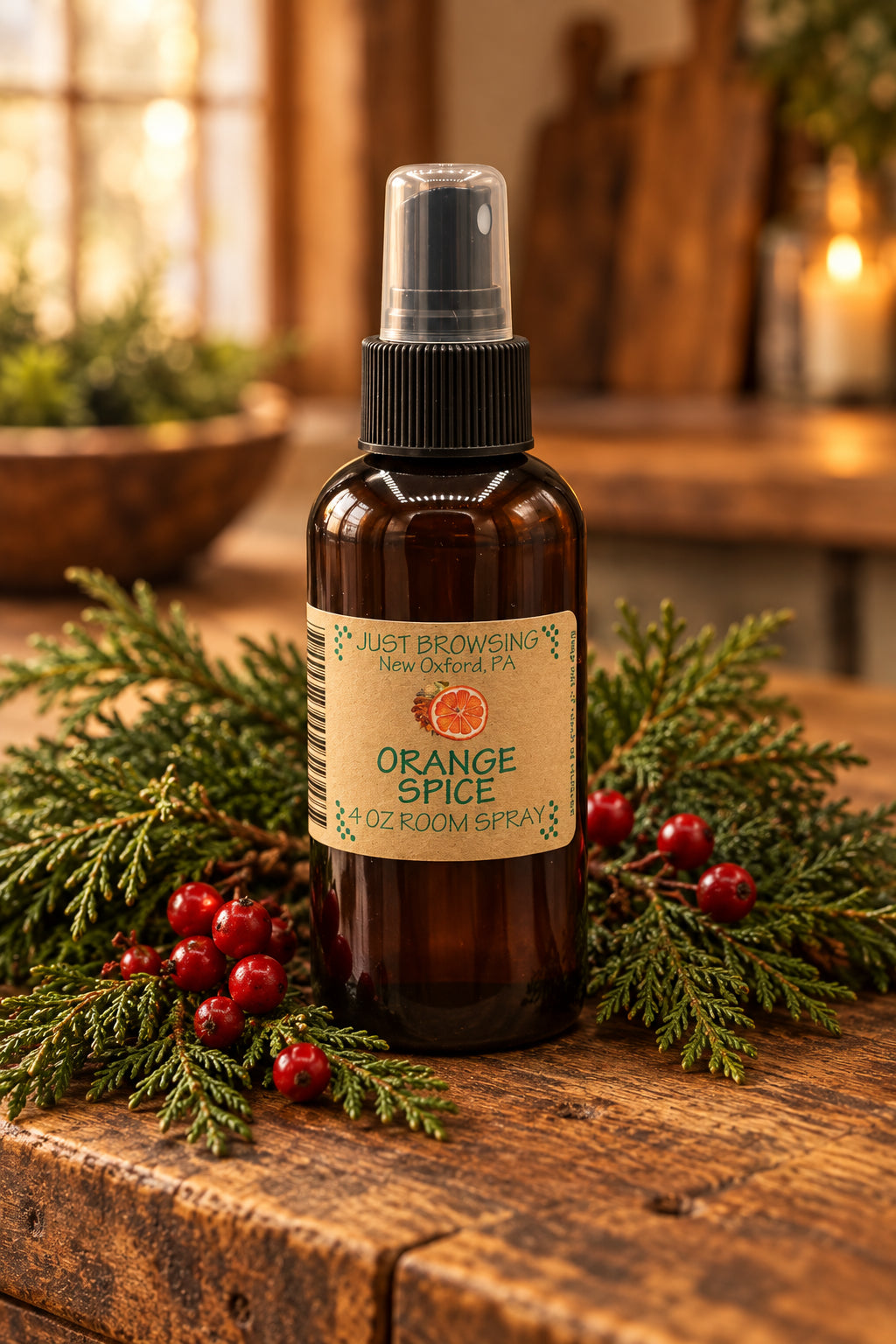 A 4oz bottle of Orange Spice Room Spray with a mist spray top, primarily brown in color with a label that includes the product name and a barcode.