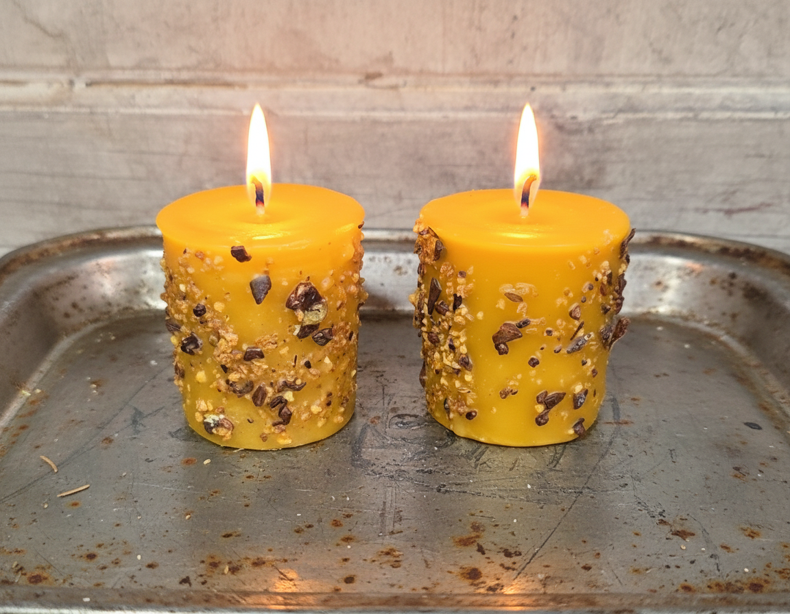 Two yellow candles with decorative elements on a metal surface.