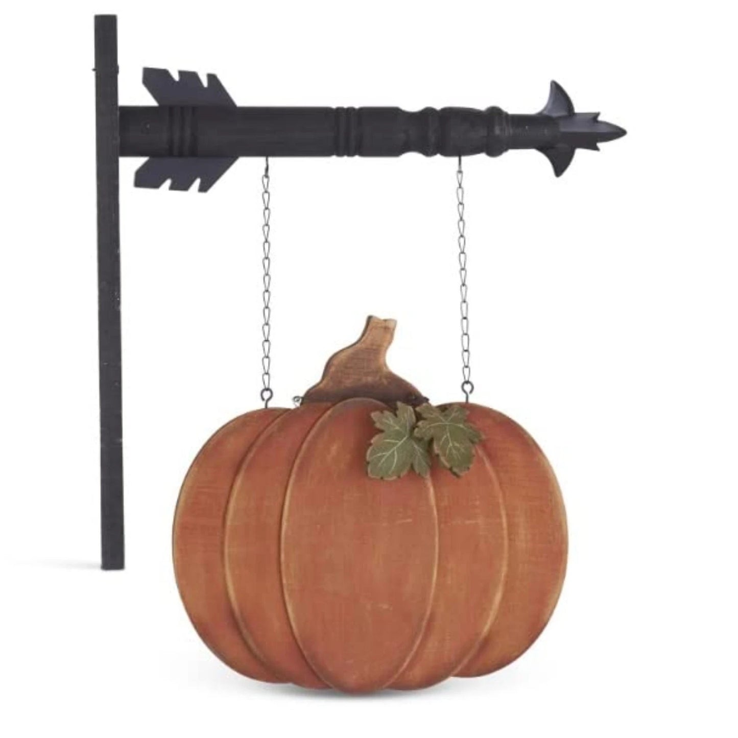 Decorative pumpkin hanging from a black arrow-shaped stand on a white background