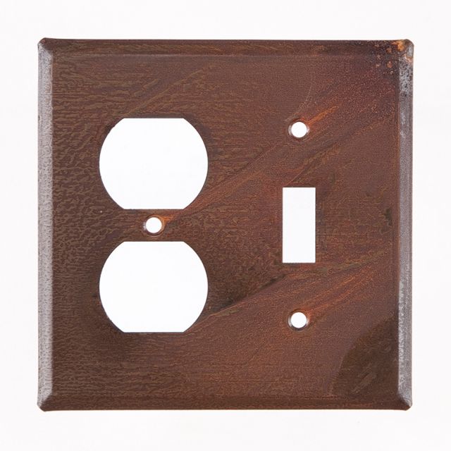 A rectangular rustic tin finish wall plate with two round cutouts for outlets or switches, and a matte lacquer protective coating.