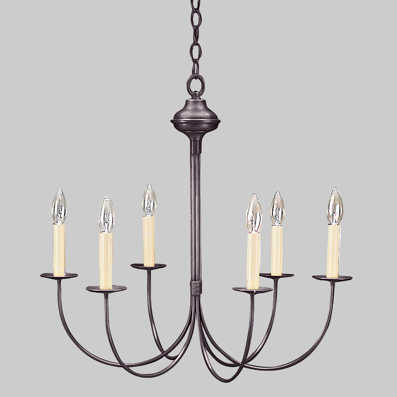Chandelier with six candle-style lights on a white background