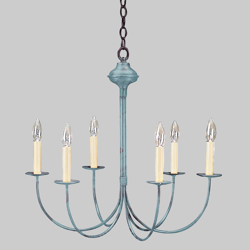 Blue chandelier with six candle-style lights on a white background