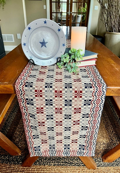 A rectangular placemat with a red, navy, and linen weave design, displayed on a wooden table with a round blue plate and a small plant on top, set against a home interior background.