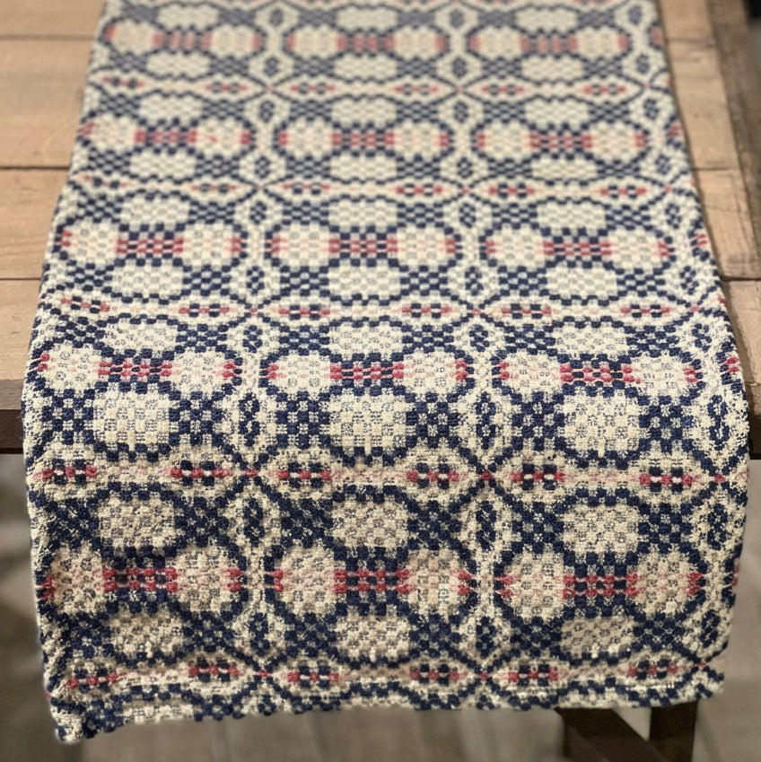 Patterned table runner on a wooden table with a bowl of fruit.