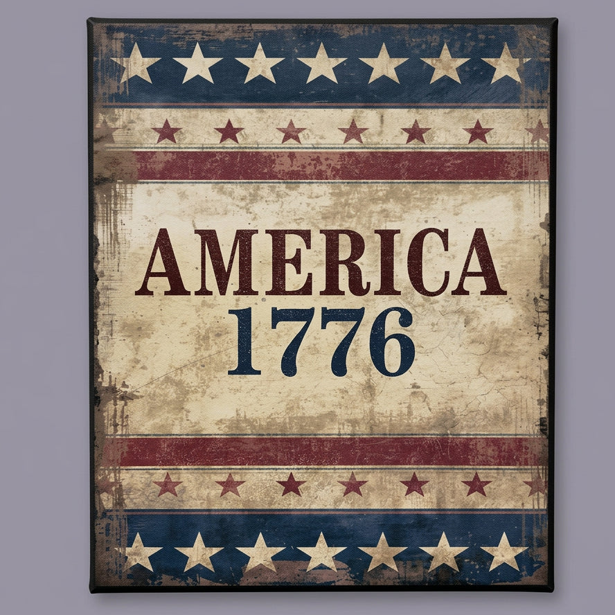 Decorative sign with 'AMERICA 1776' text and American flag design on a wooden background.