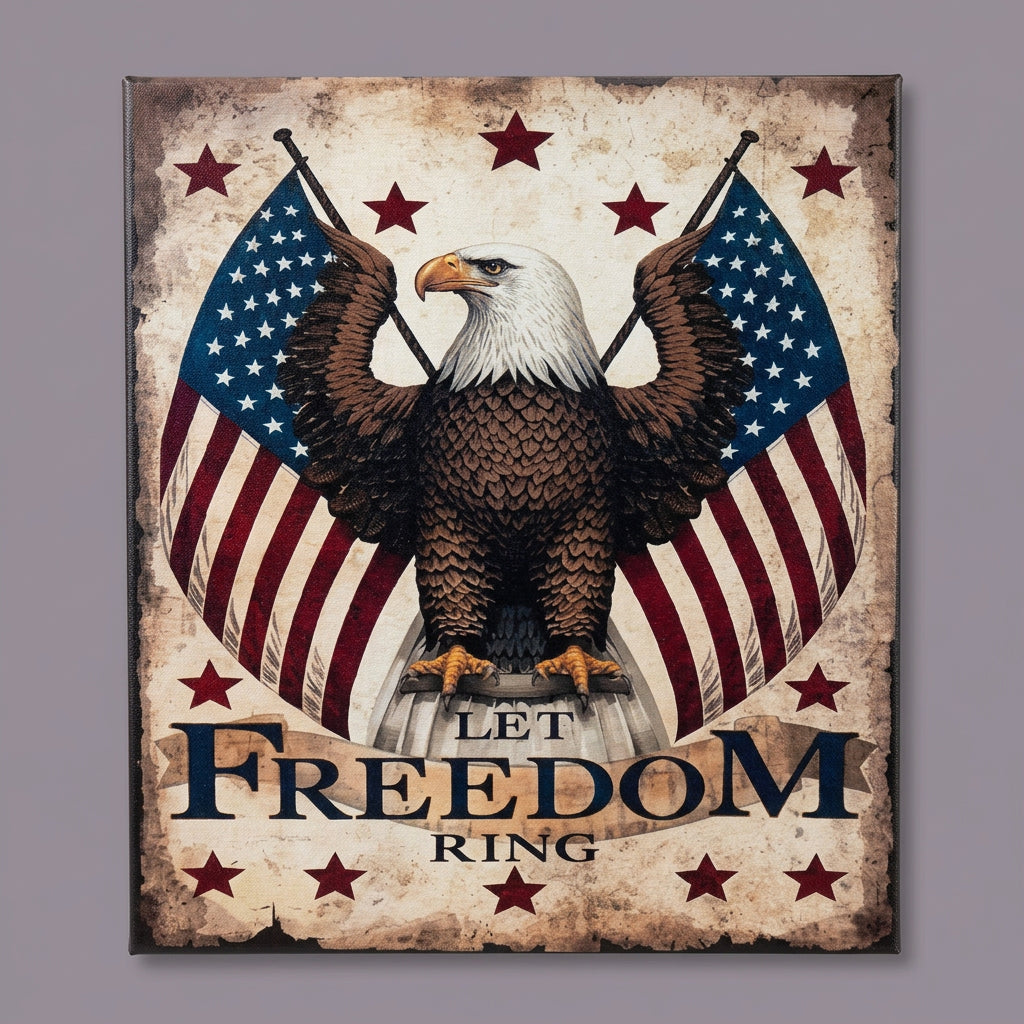 Decorative sign with an eagle and American flags, featuring the text 'Let Freedom Ring'.
