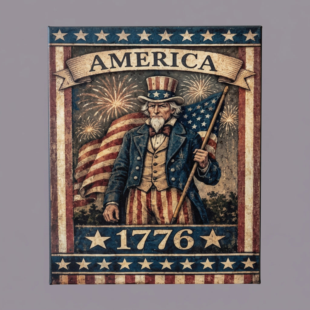 Decorative sign with Uncle Sam holding an American flag and fireworks, featuring the text 'America 1776'.