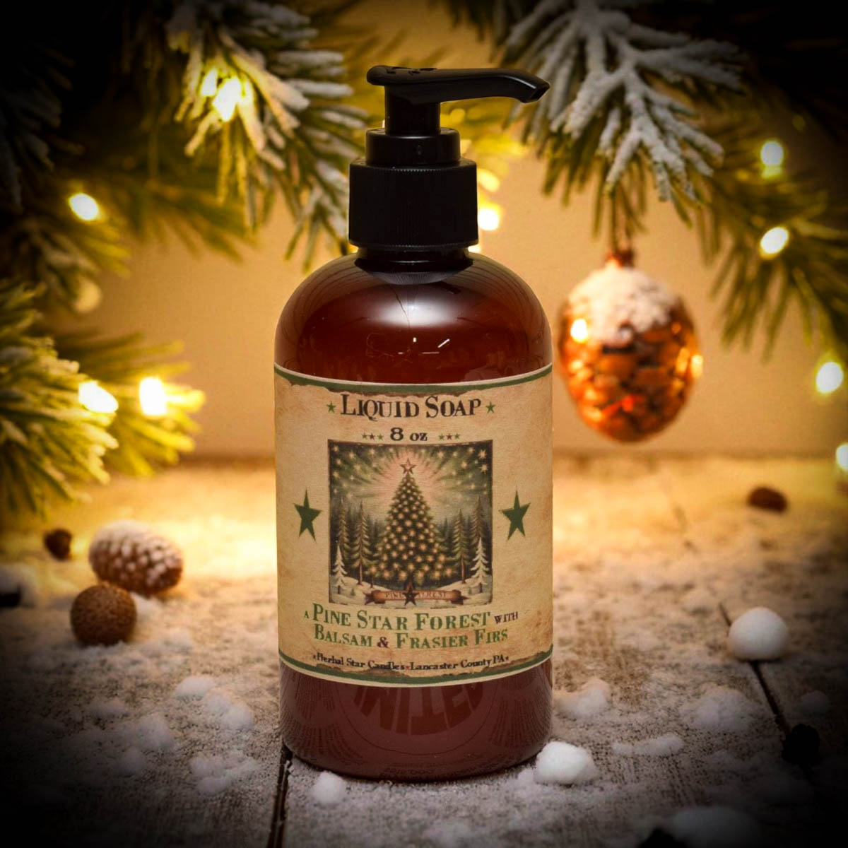 Liquid soap bottle with a festive label on a decorative background with lights and ornaments.