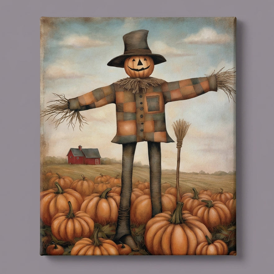 Painting of a scarecrow with a pumpkin face surrounded by pumpkins in a field.