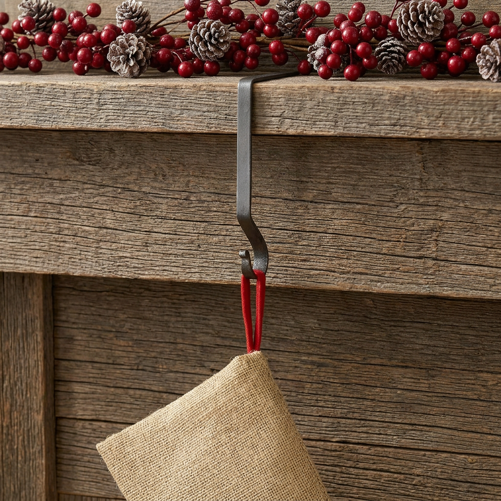 A black iron finish stocking hanger mounted on a wooden wall, holding a brown stocking with red ties.
