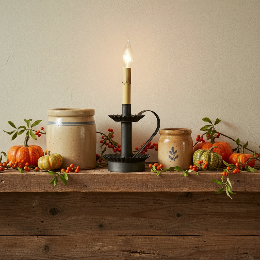 Decorative setup with candles, jars, and pumpkins on a wooden surface.