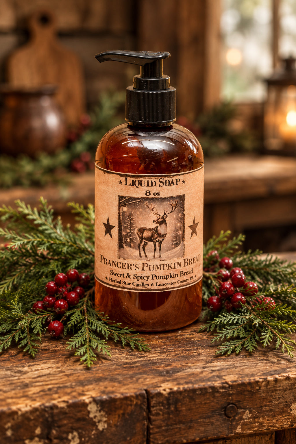 Bottle of Prancer's Pumpkin Bread liquid soap on a wooden surface with blurred lights in the background