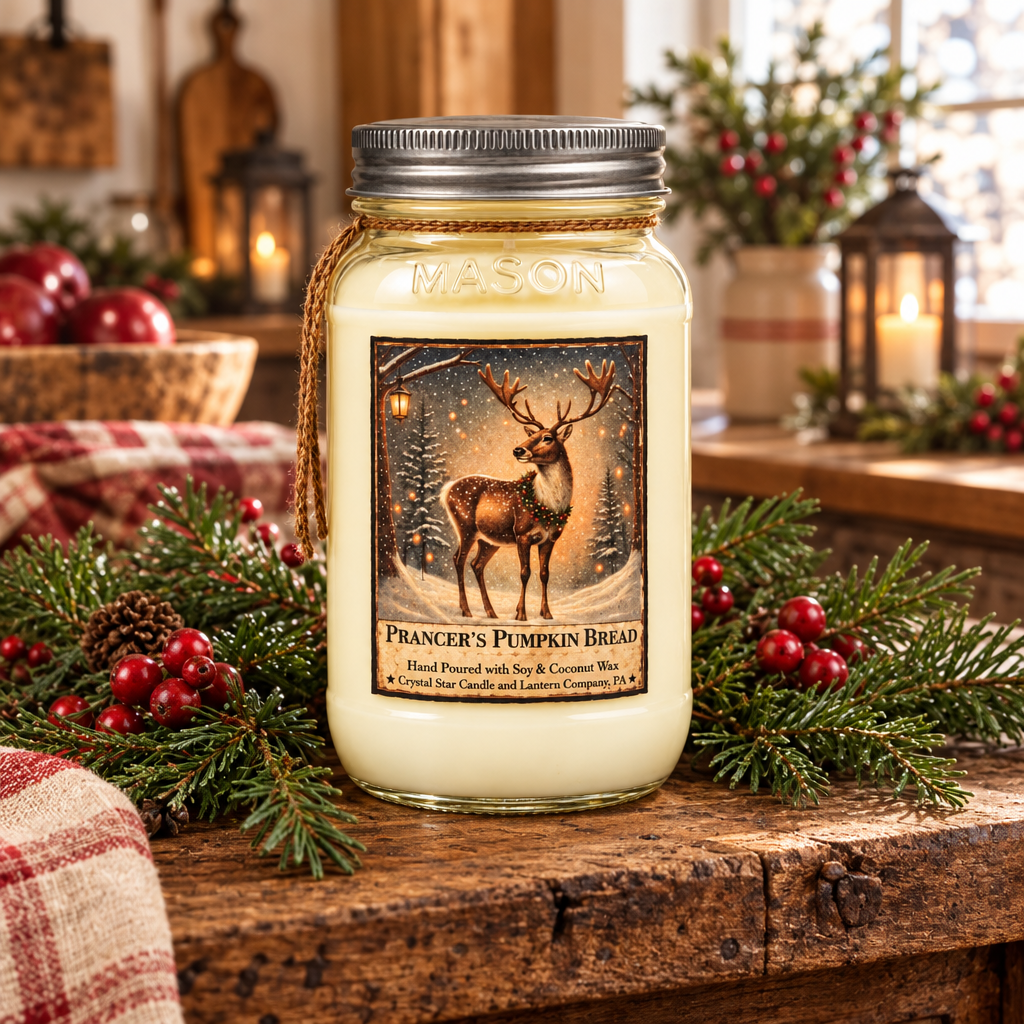 A hand-poured soy candle in a Mason jar with a rustic holiday label depicting a deer in a snowy forest. The candle is styled on a wooden table with pine branches, red berries, and lanterns in the background.