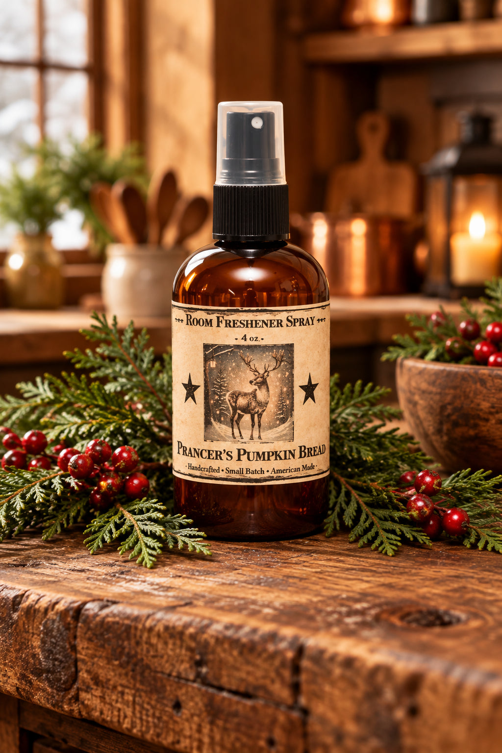Room freshener spray bottle with a label featuring a deer and text on a wooden surface with blurred lights in the background.