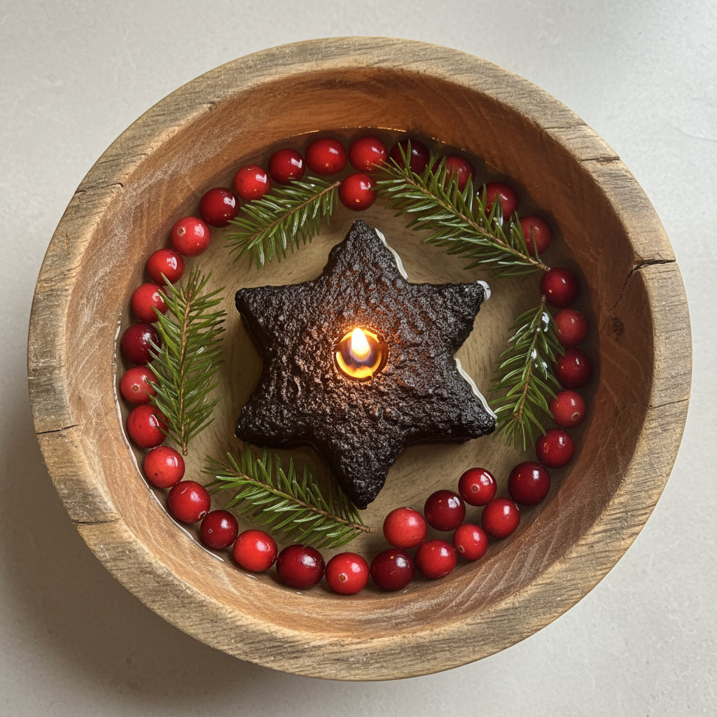Star-shaped blueberry candle floating in a wooden bowl with cranberries and greens.