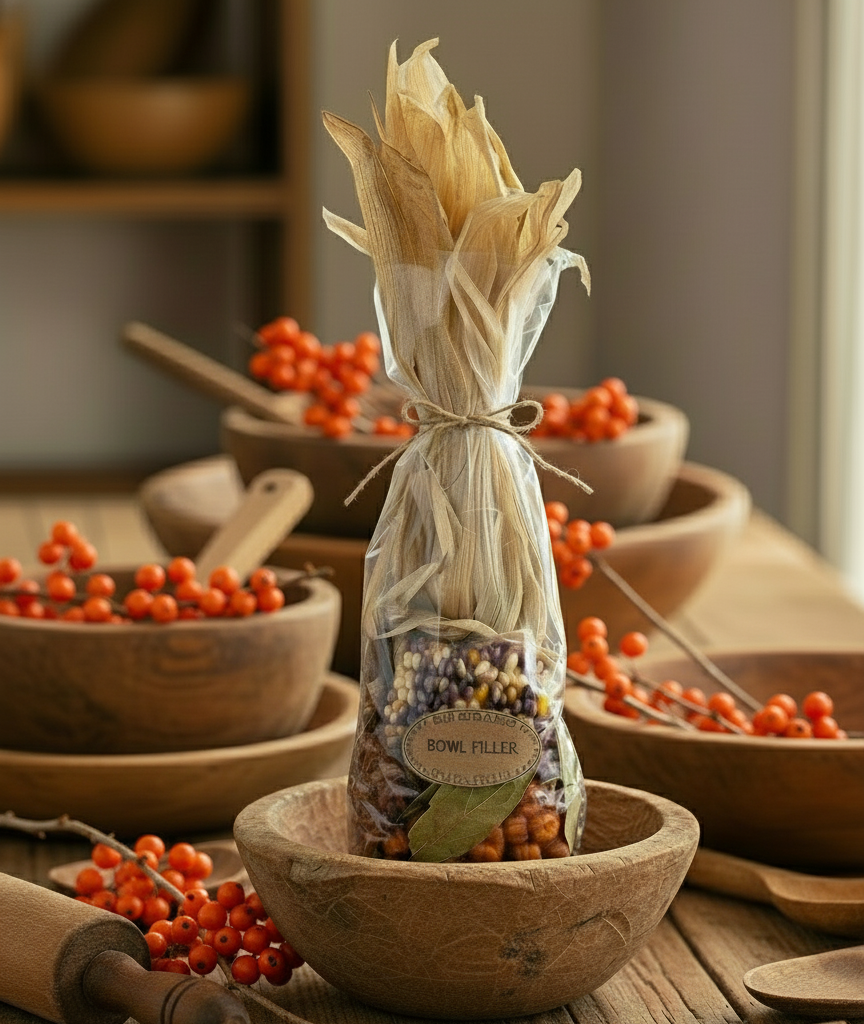 Decorative bundle of botanicals in a wooden bowl with berries on a rustic wooden table.