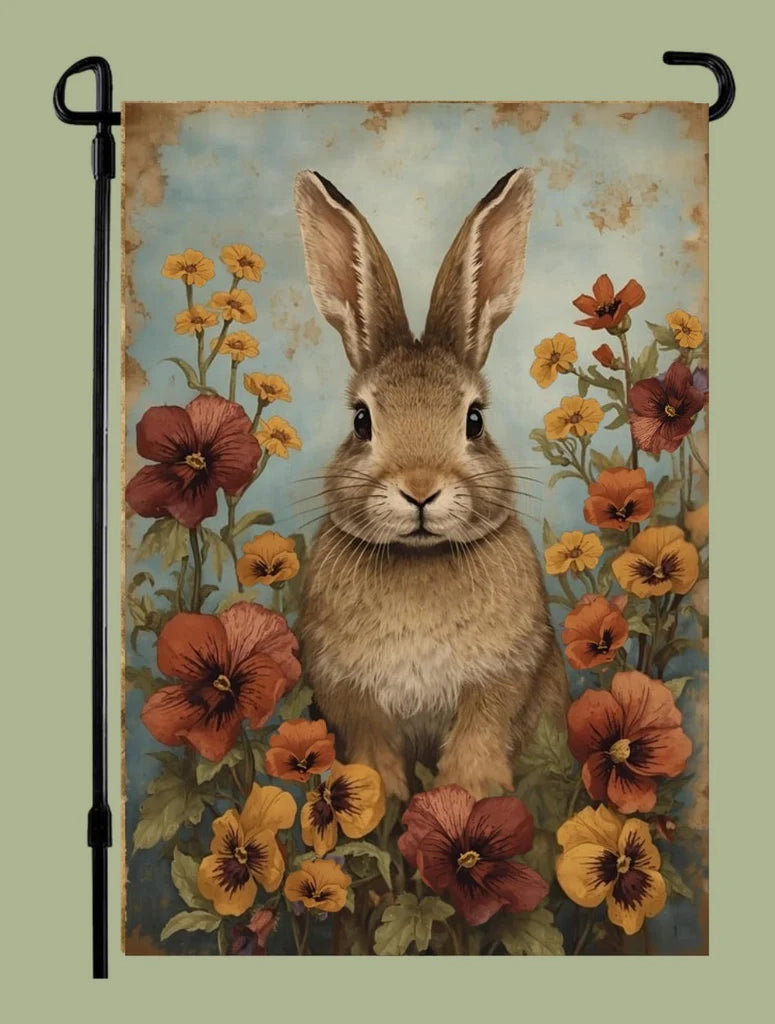 Decorative garden flag with a rabbit and flowers on a vintage-style background
