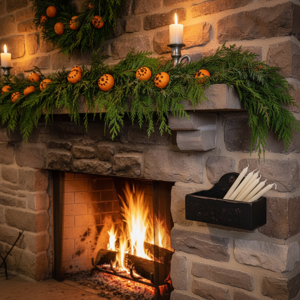 Decorative fireplace with pumpkins, greenery, and candles on a stone mantel.