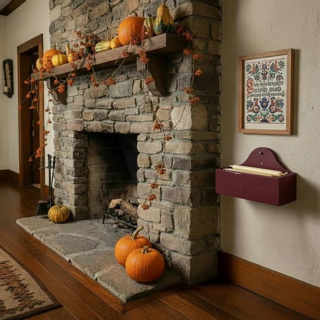Stone fireplace with pumpkins and autumn decorations in a cozy living room.