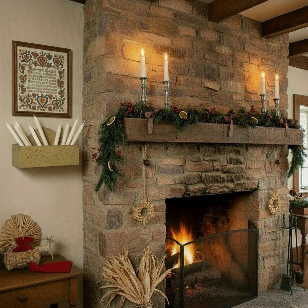 Cozy living room with stone fireplace, candles, and Christmas decorations.