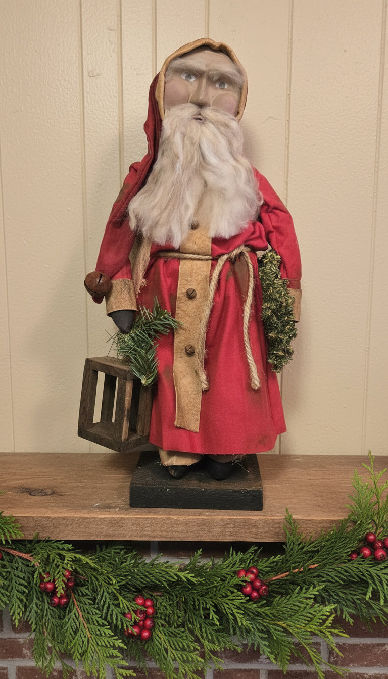 A traditional holiday decoration featuring a clay face Santa holding a lantern, dressed in red and white, with a base that is 6 inches wide.