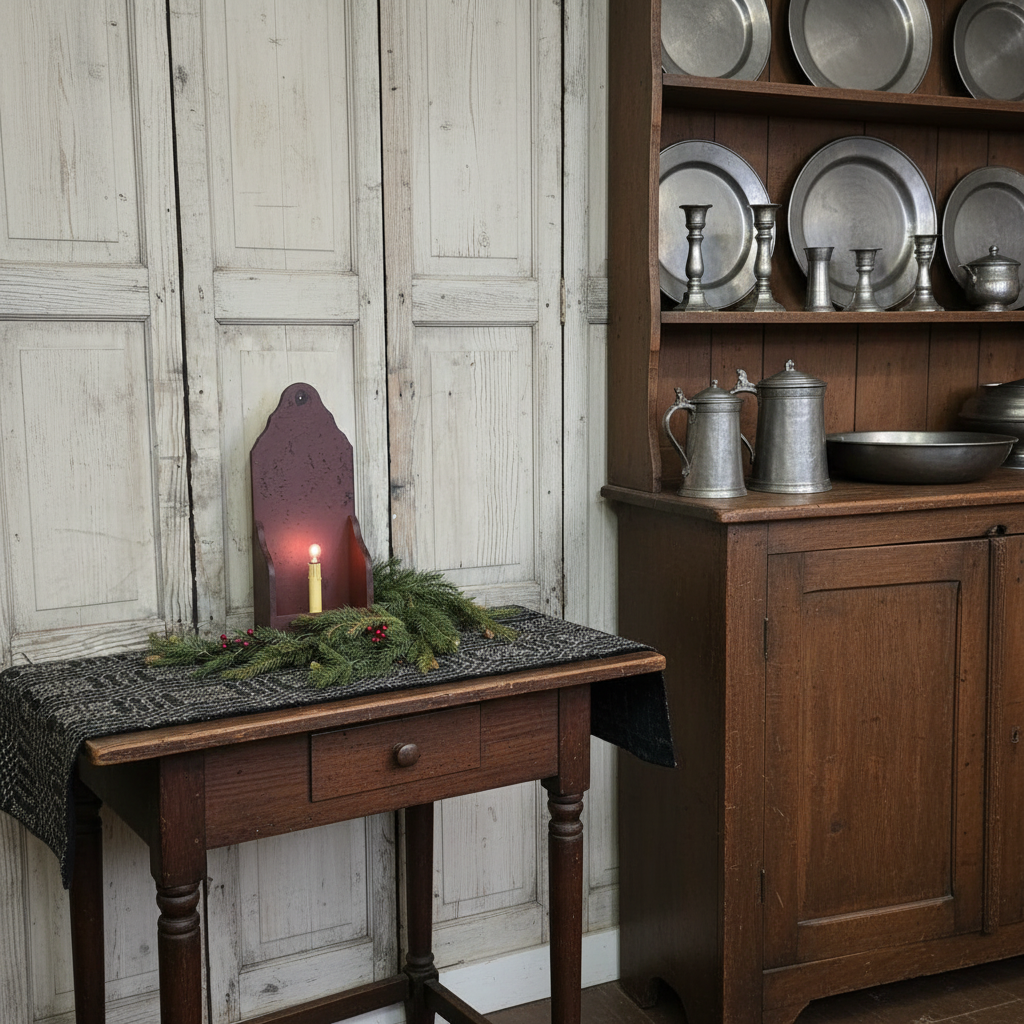 Vintage wooden table with a candle and greenery, next to a wooden cabinet with metal dishes.