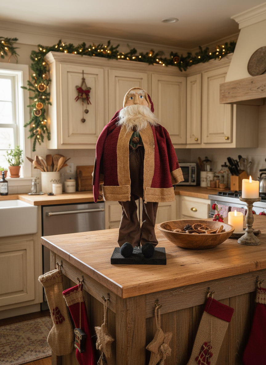 Primitive fat Santa wearing red coat with brown pants